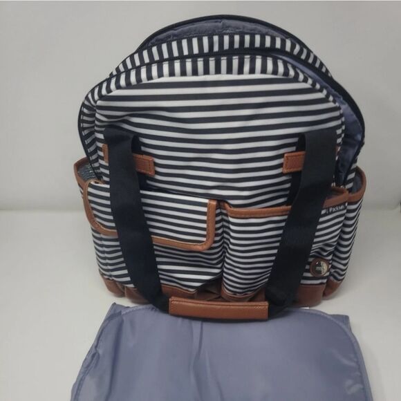 iPack baby bowling diaper bag backpack black white striped faux vegan leather - Picture 2 of 8